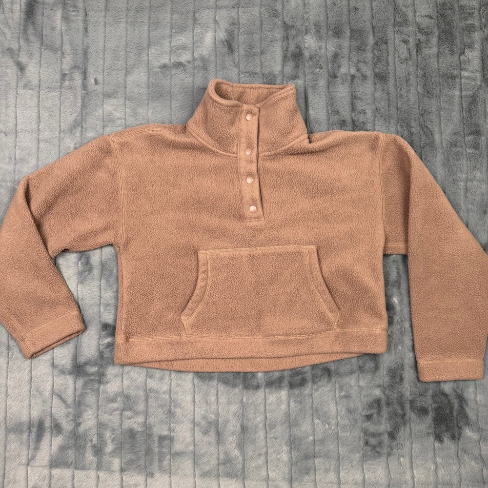Abercrombie & Fitch Women Brown Sherpa Fleece Snap Mock Neck Pullover Small 8105